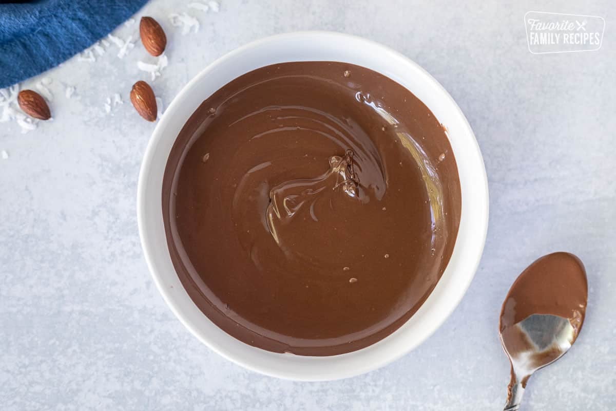 Bowl of melted chocolate next to a spoon.