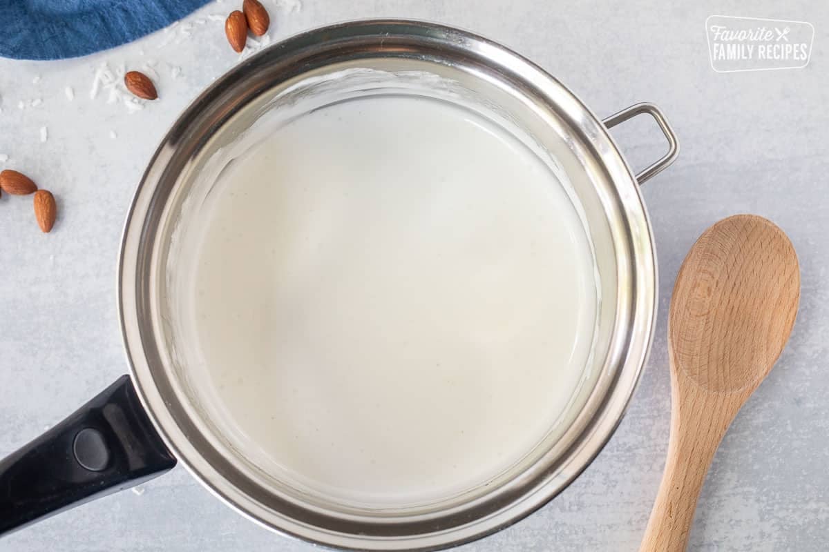 Pan of melted marshmallow and wooden spoon on the side.