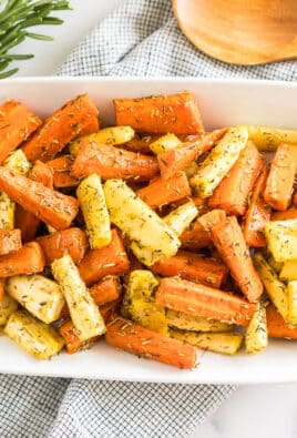 oven roasted carrots and parsnips on a serving platter