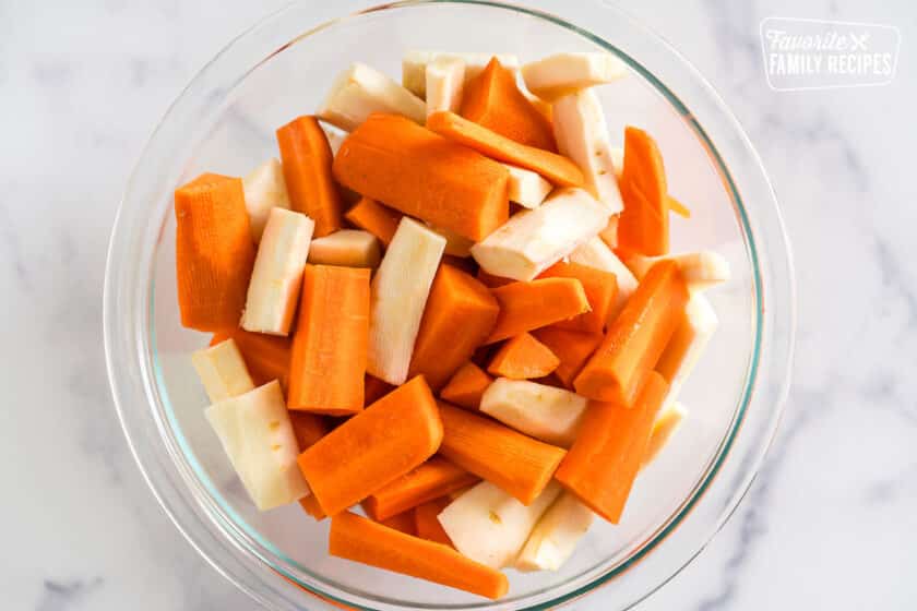 peeled and cut carrots and parsnips
