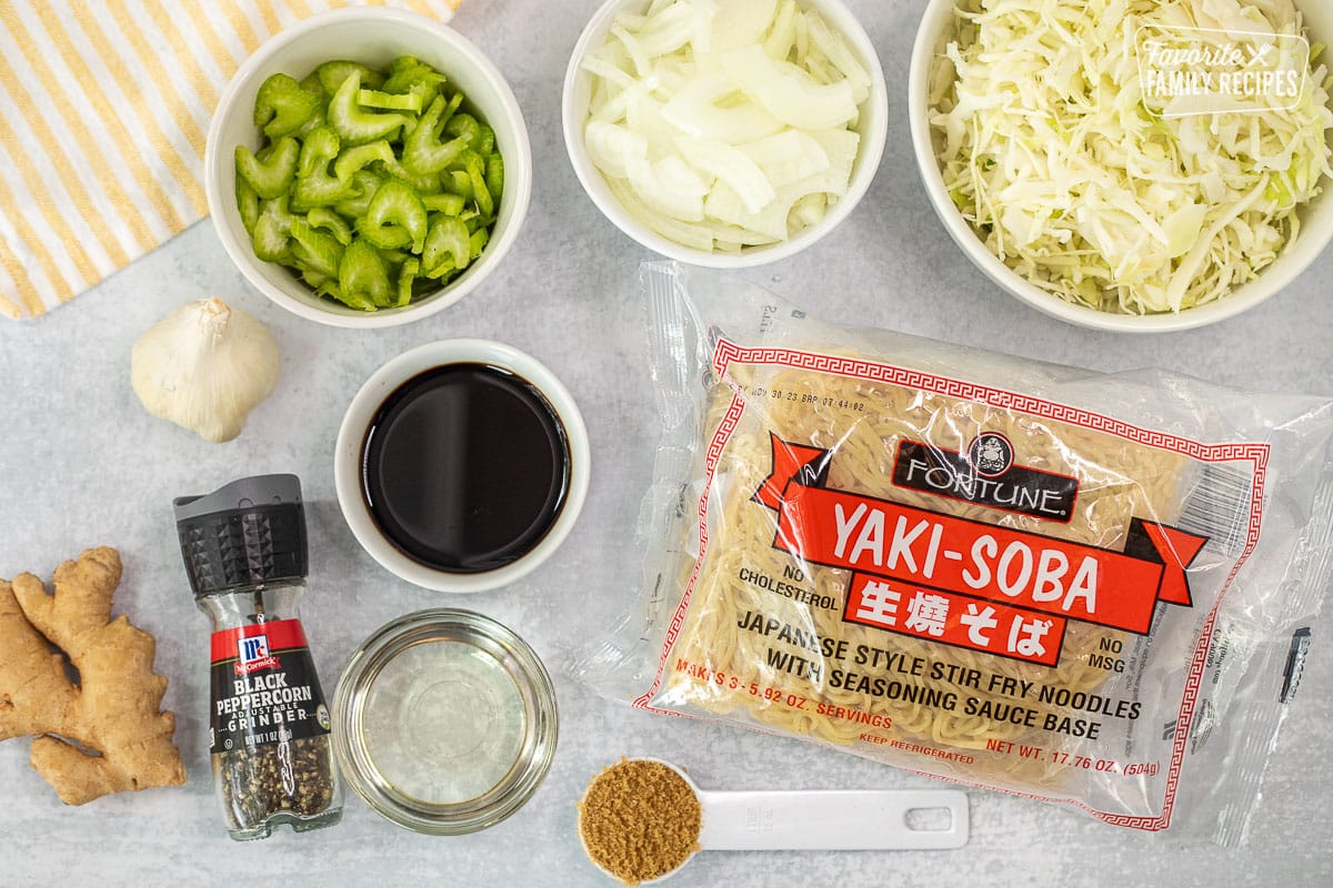 Ingredients to make Panda Express Chow Mein Noodles including yaki-soba noodles, brown sugar, black pepper, ginger, soy sauce, celery, onions, cabbage and garlic.