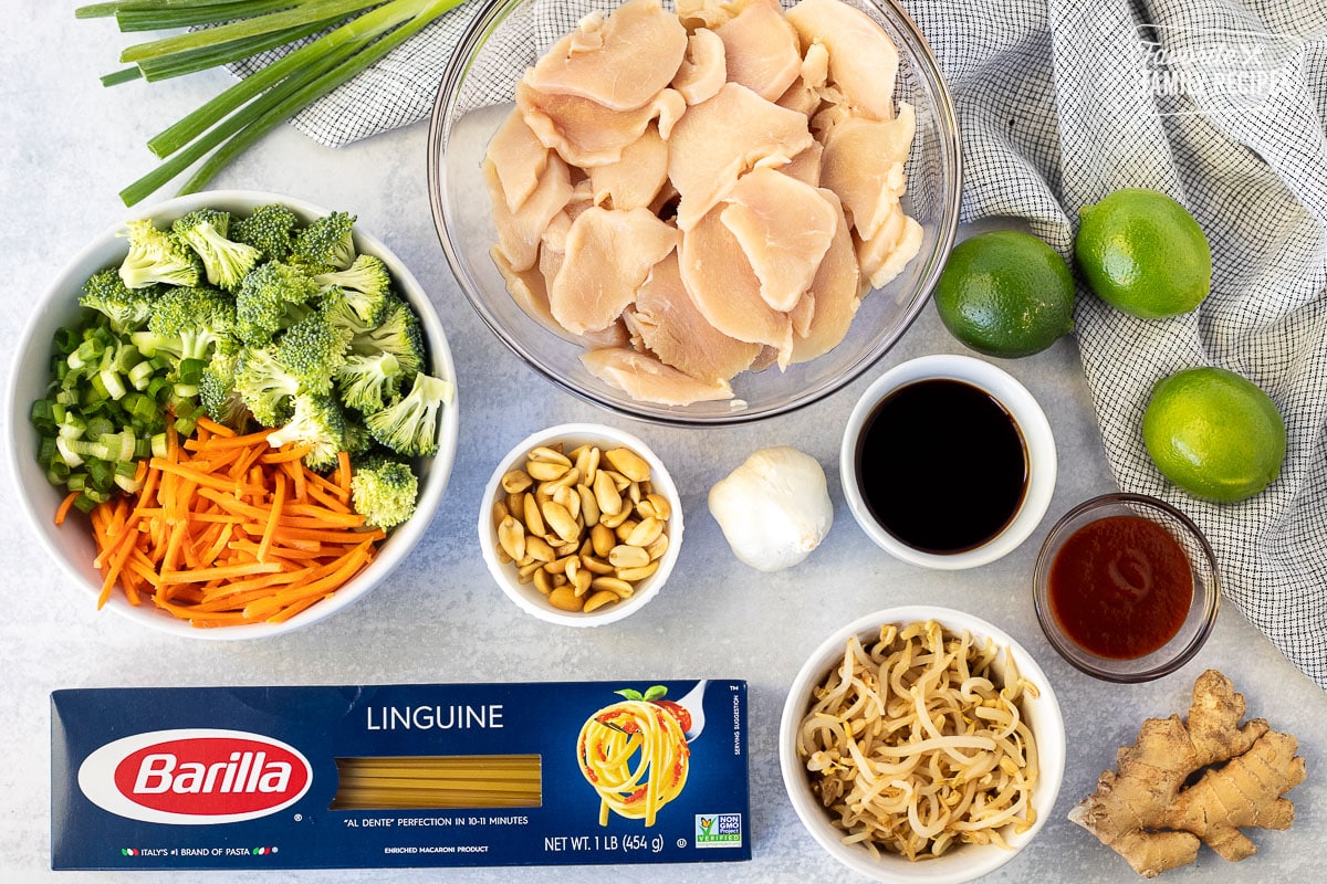 Ingredients for Peanut Noodles including sliced chicken, broccoli, carrots, green onion, peanuts, garlic, ginger, bean sprouts, soy sauce, sriracha sauce, linguine and limes.