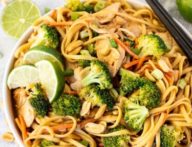 Bowl of Peanut Noodles topped with vegetables and peanuts.