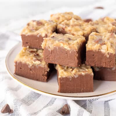 Pieces of German Chocolate Fudge on a plate.