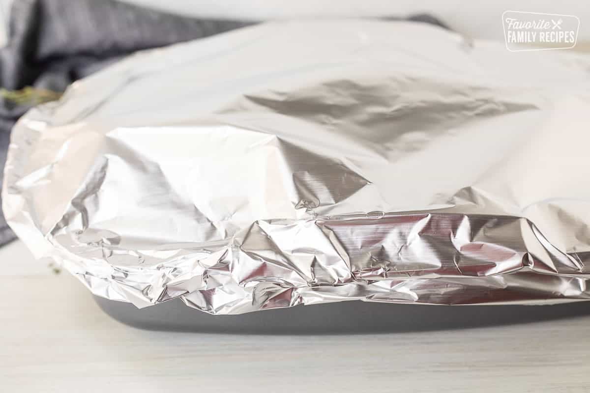 Foil covering roasting pan.