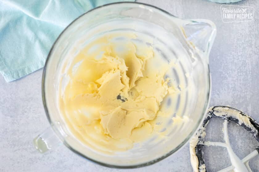 Mixing bowl with creamed sugar and butter.