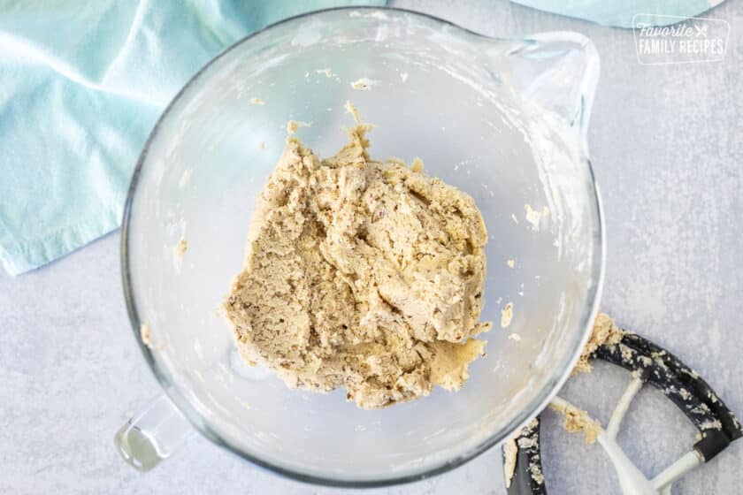 Mixing bowl with Snowball Cookie batter.
