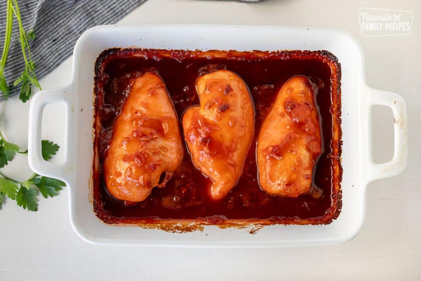 Baked Apricot Chicken in a baking dish.