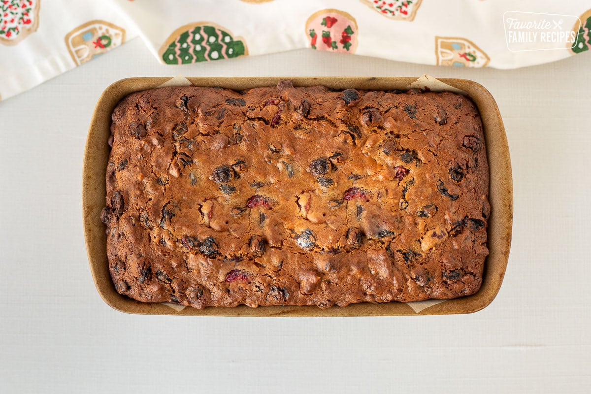 Baked Fruit Cake in a loaf pan.