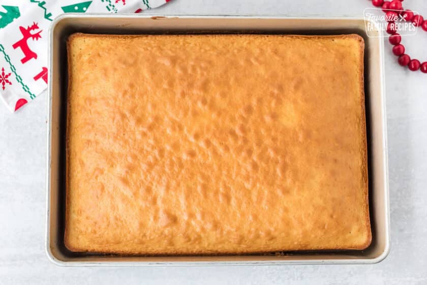 Baked white cake in a 9x13 used to make Christmas cake pops