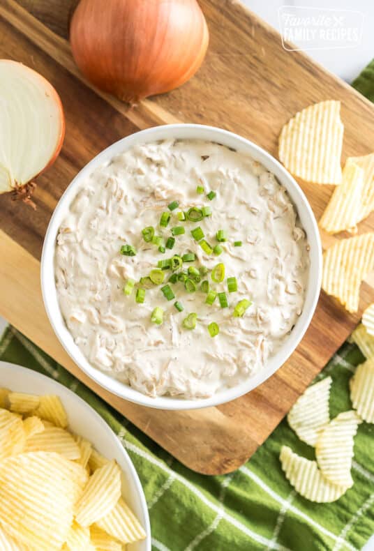 A bowl of caramelized onion dip