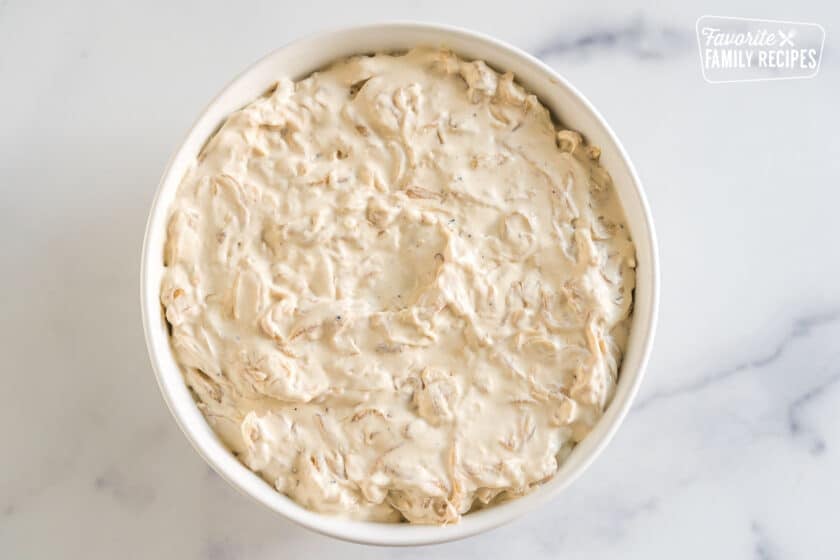 A bowl of caramelized onion dip