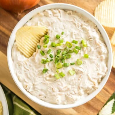A chip dipped in caramelized onion dip