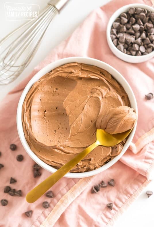 A bowl of chocolate buttercream frosting