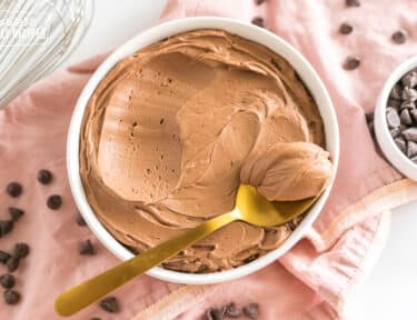 A bowl of chocolate buttercream frosting