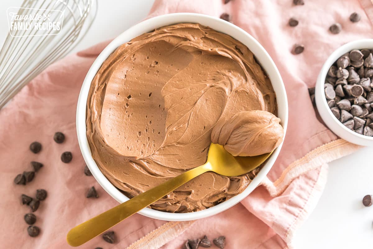 A bowl of chocolate buttercream frosting.