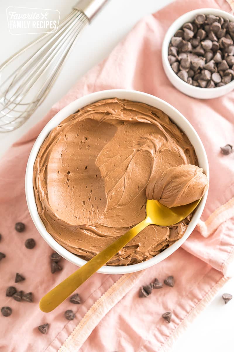 A bowl of chocolate buttercream frosting.