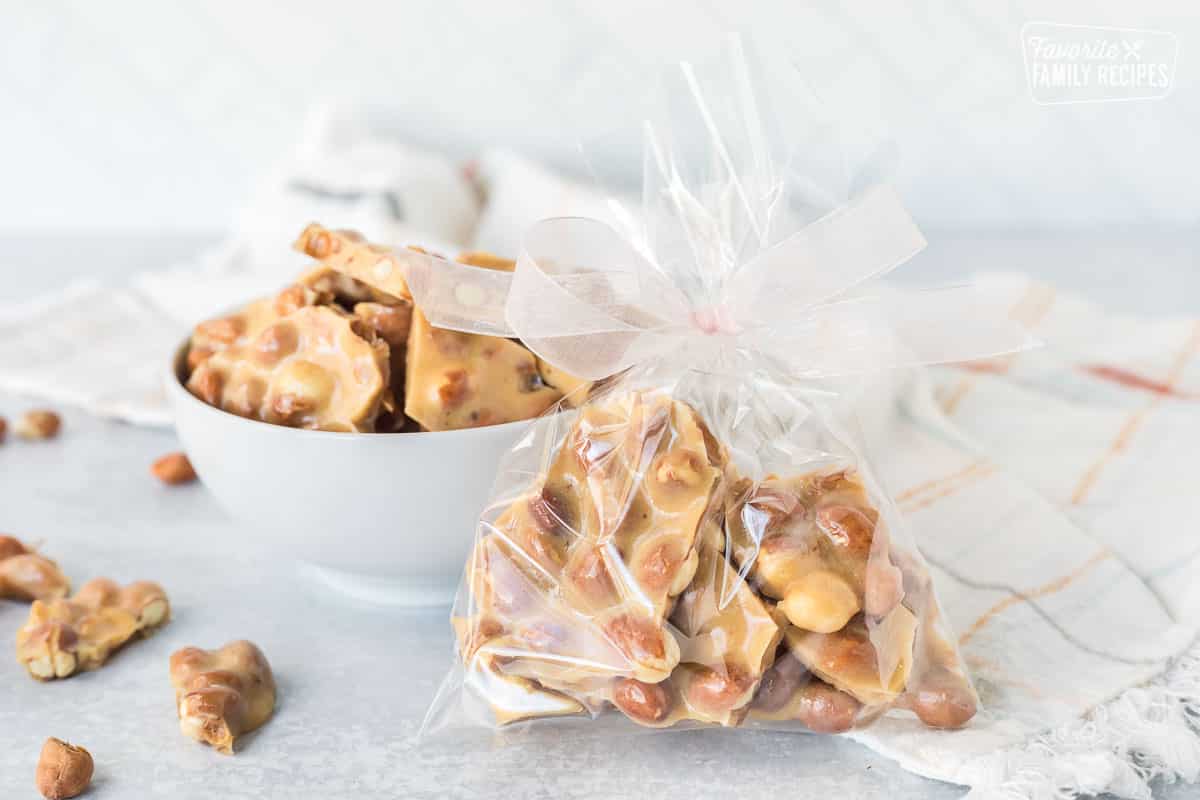 Bag of Microwave Peanut Brittle with a bow.