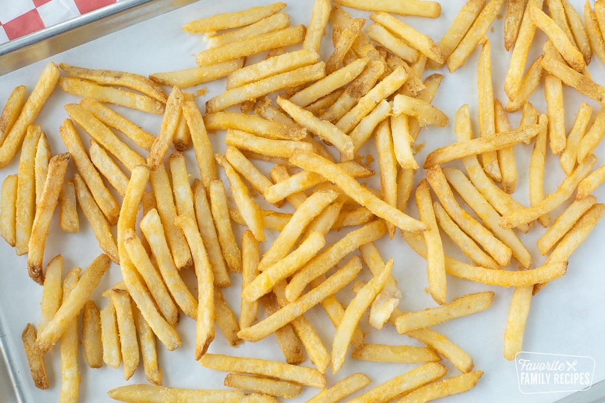 A baking pan with French fries