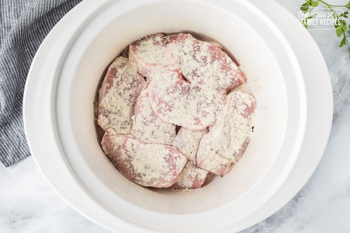 Crock pot with pork chops and ranch seasoning.