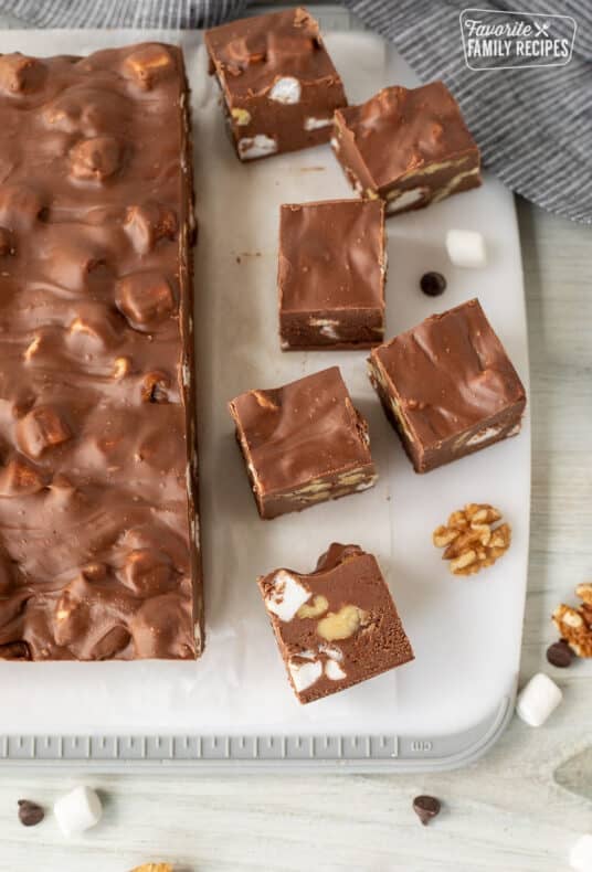 Cutting board with pieces of Marshmallow Rocky Road Fudge.