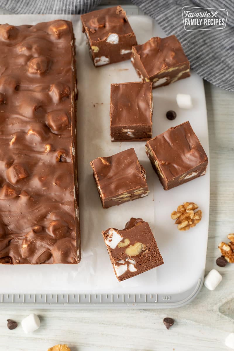 Cutting board with pieces of Marshmallow Rocky Road Fudge.