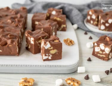Cut pieces of Marshmallow Rocky Road Fudge.