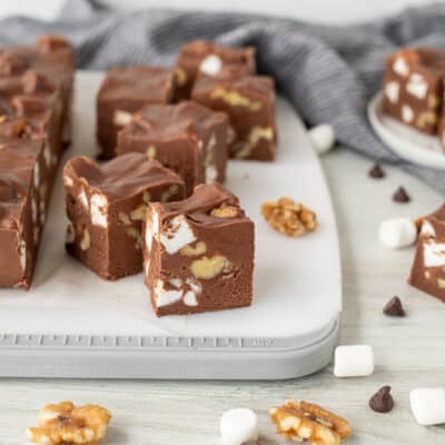 Cut pieces of Marshmallow Rocky Road Fudge.