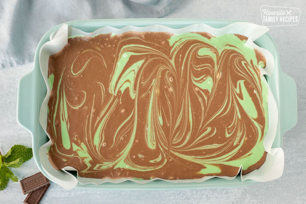 Cooled Mint Chocolate Fudge in a baking dish.