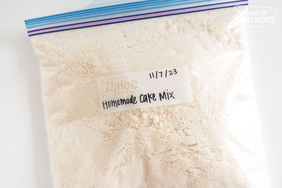 homemade cake mix in a ziplock bag with a label