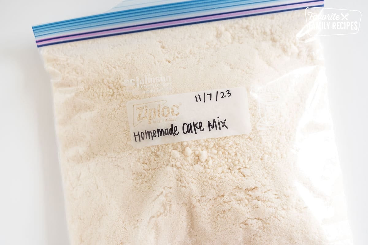 Homemade cake mix in a ziplock bag with a label.