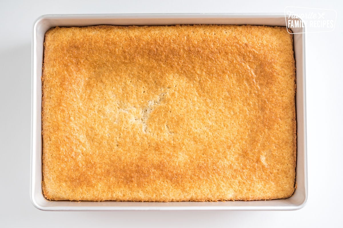 Vanilla baked cake in a baking dish.