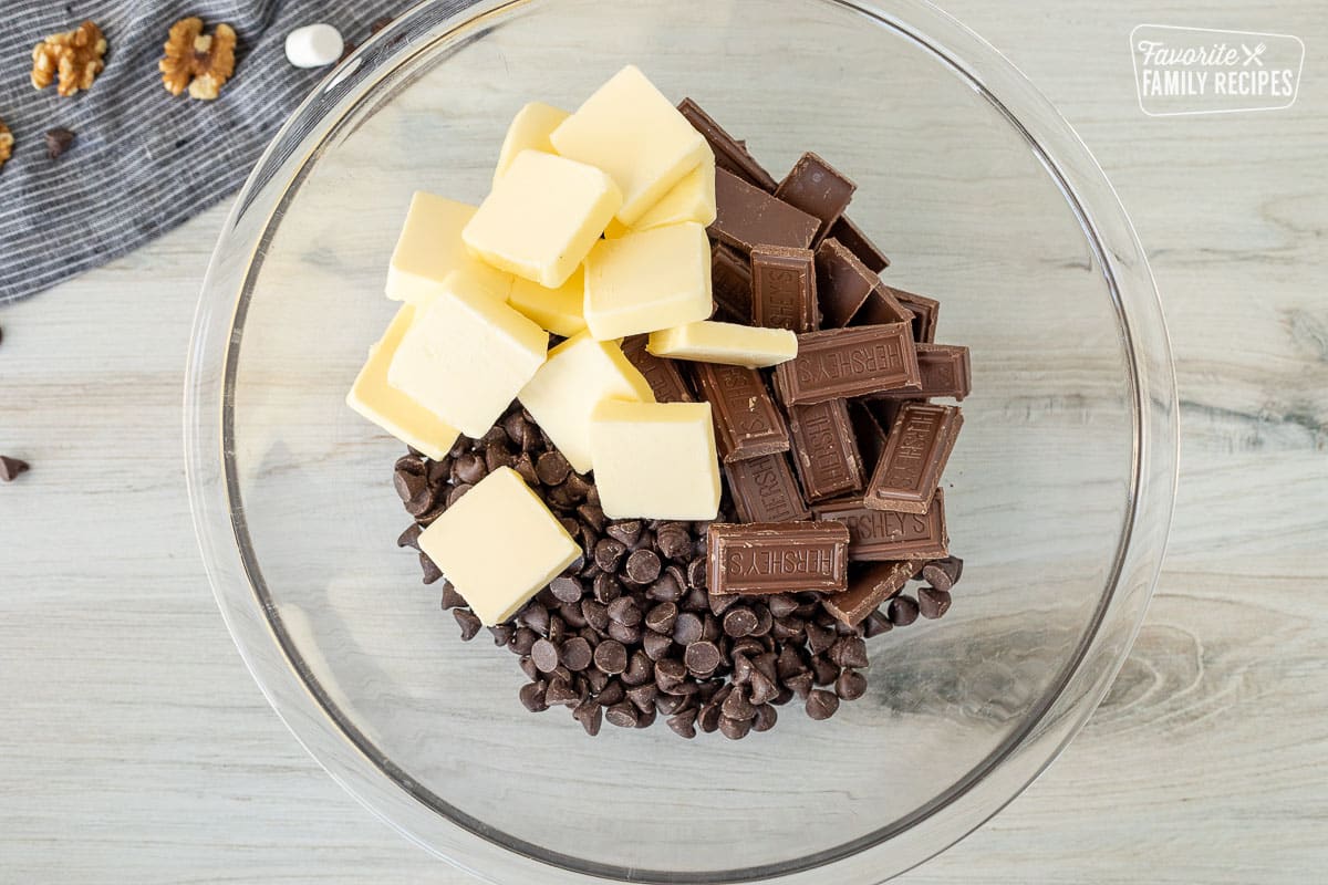 Bowl of butter, chocolate bar pieces and chocolate chips.