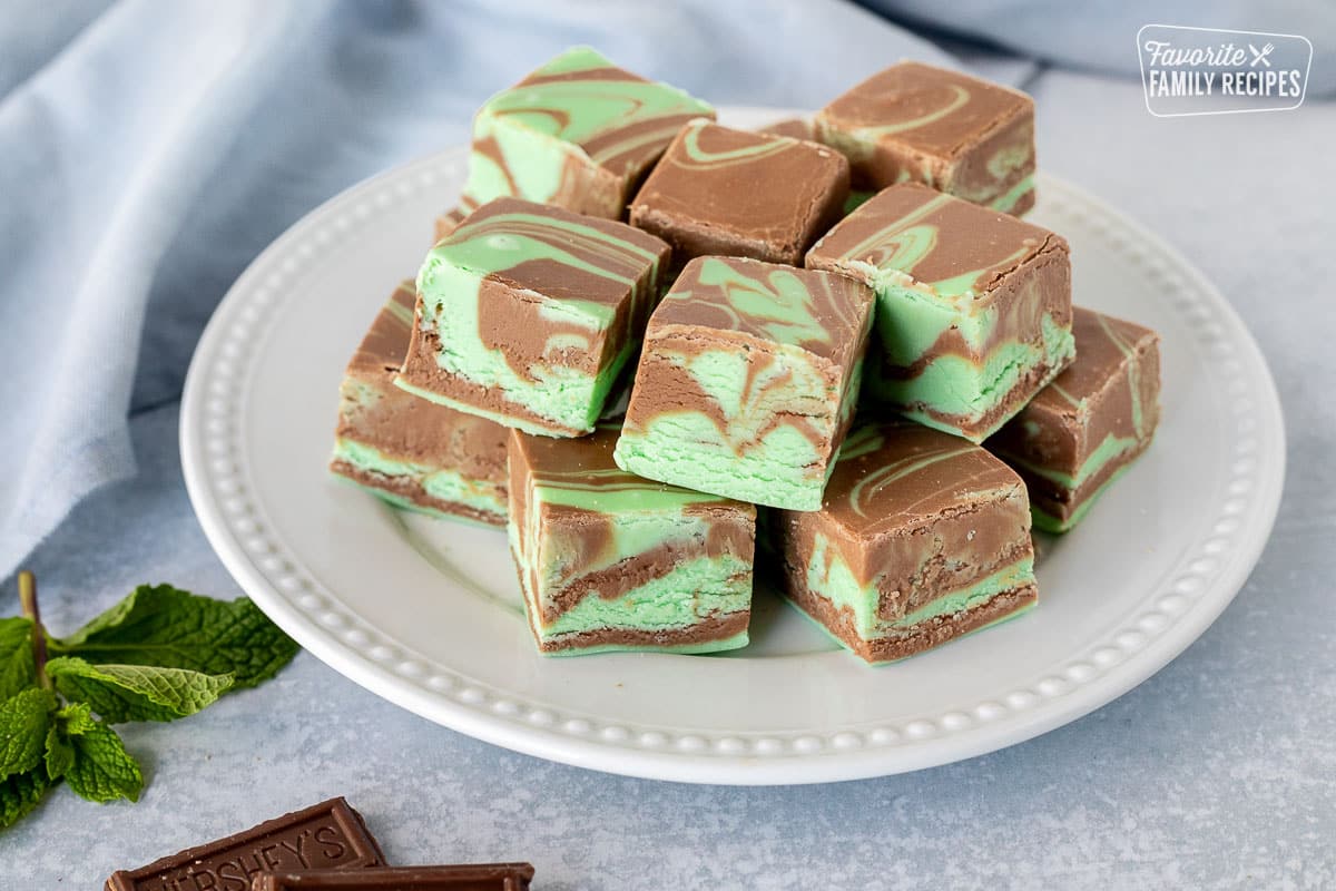 Plate of Mint Chocolate Fudge pieces.