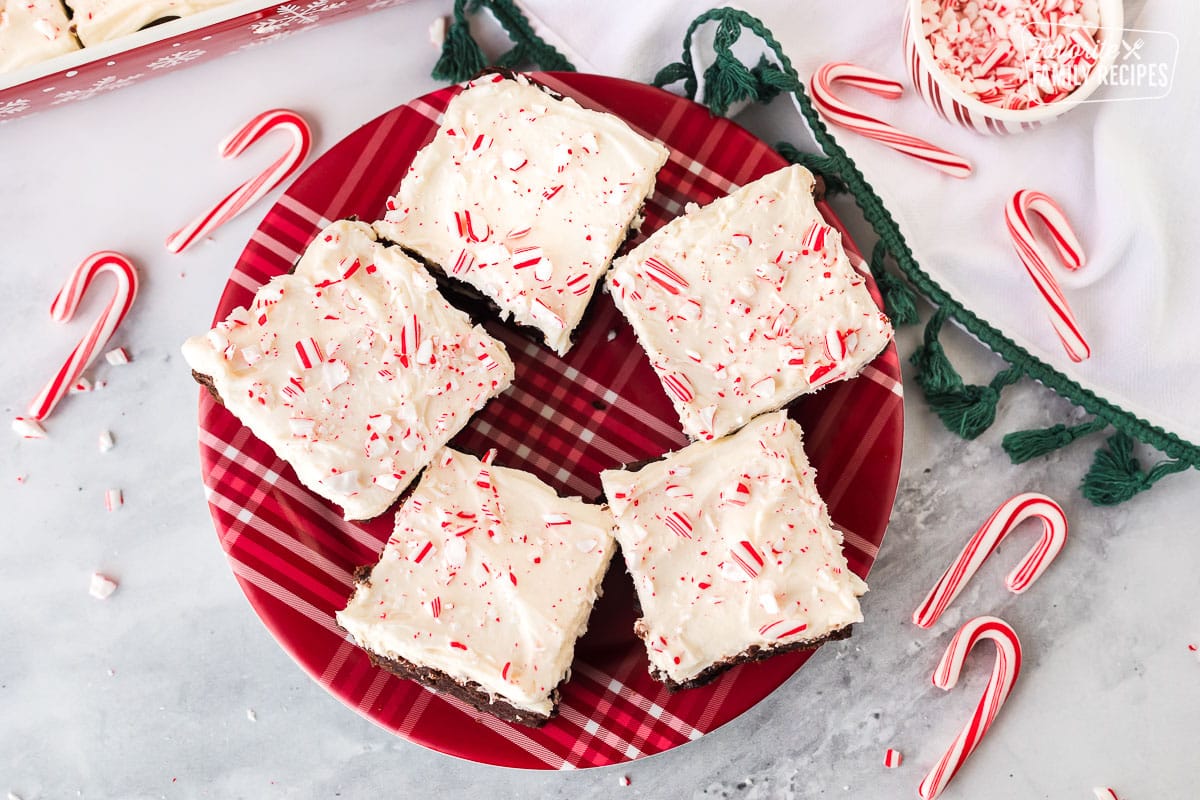 Plate of five White Chocolate Peppermint Brownies.