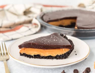 Slice of Salted Caramel Pie on a plate.