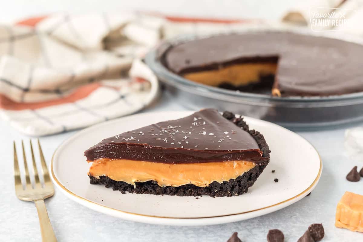 Slice of Salted Caramel Pie on a plate.