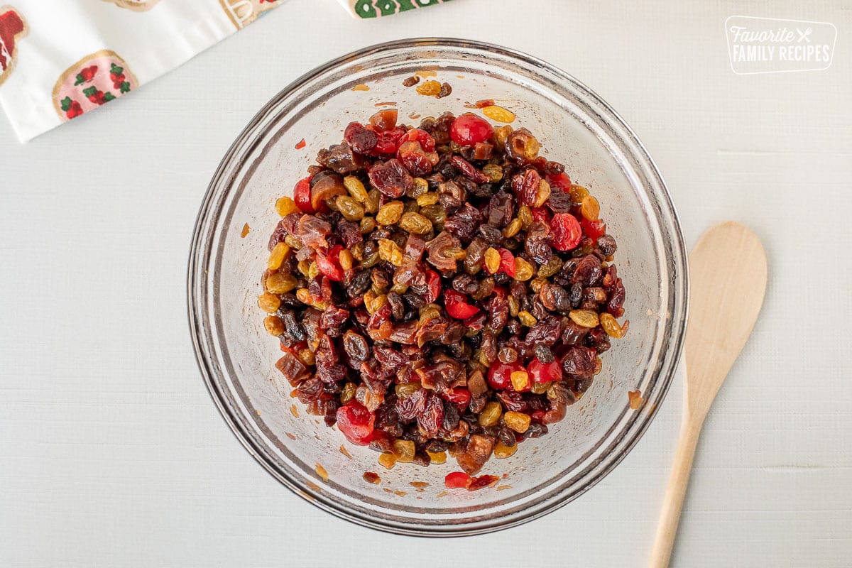 Mixing bowl with soaked dried fruit.