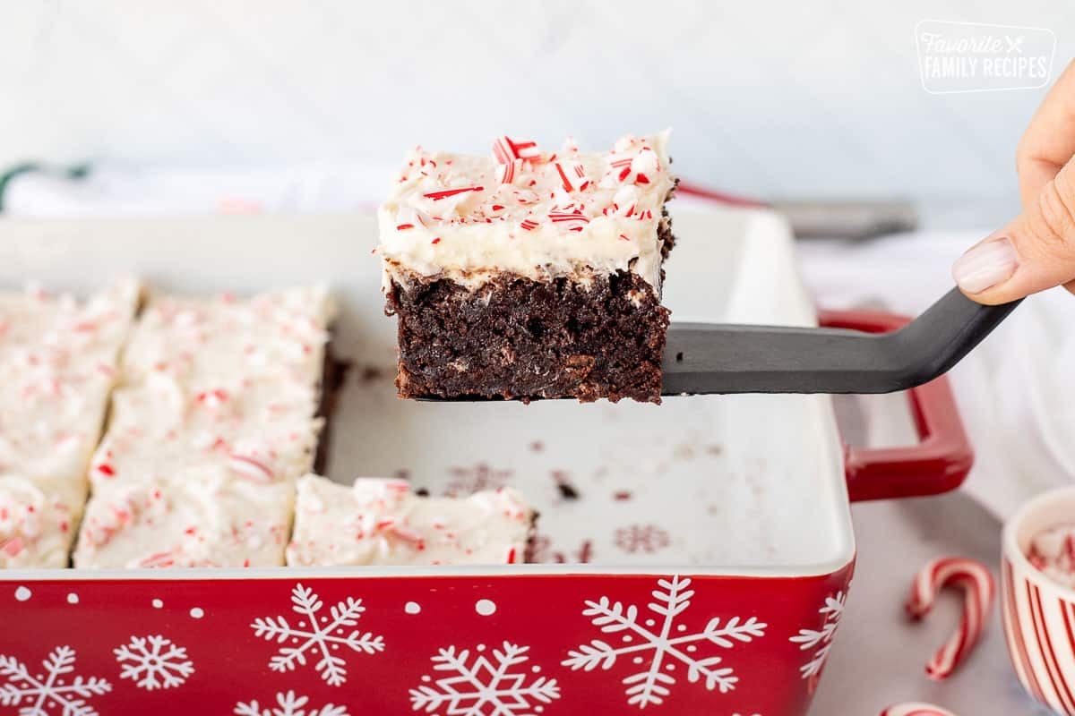 Spatula with a single White Chocolate Peppermint Brownie.