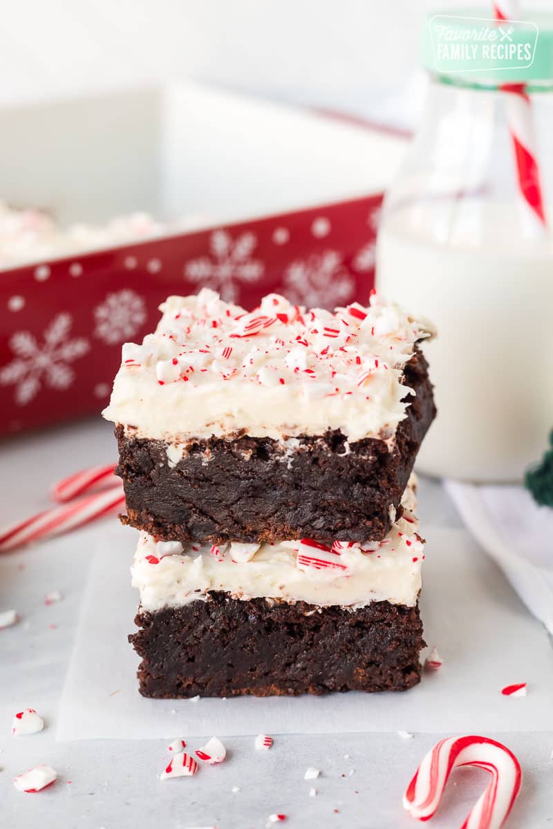 Two stacked White Chocolate Peppermint Brownies.