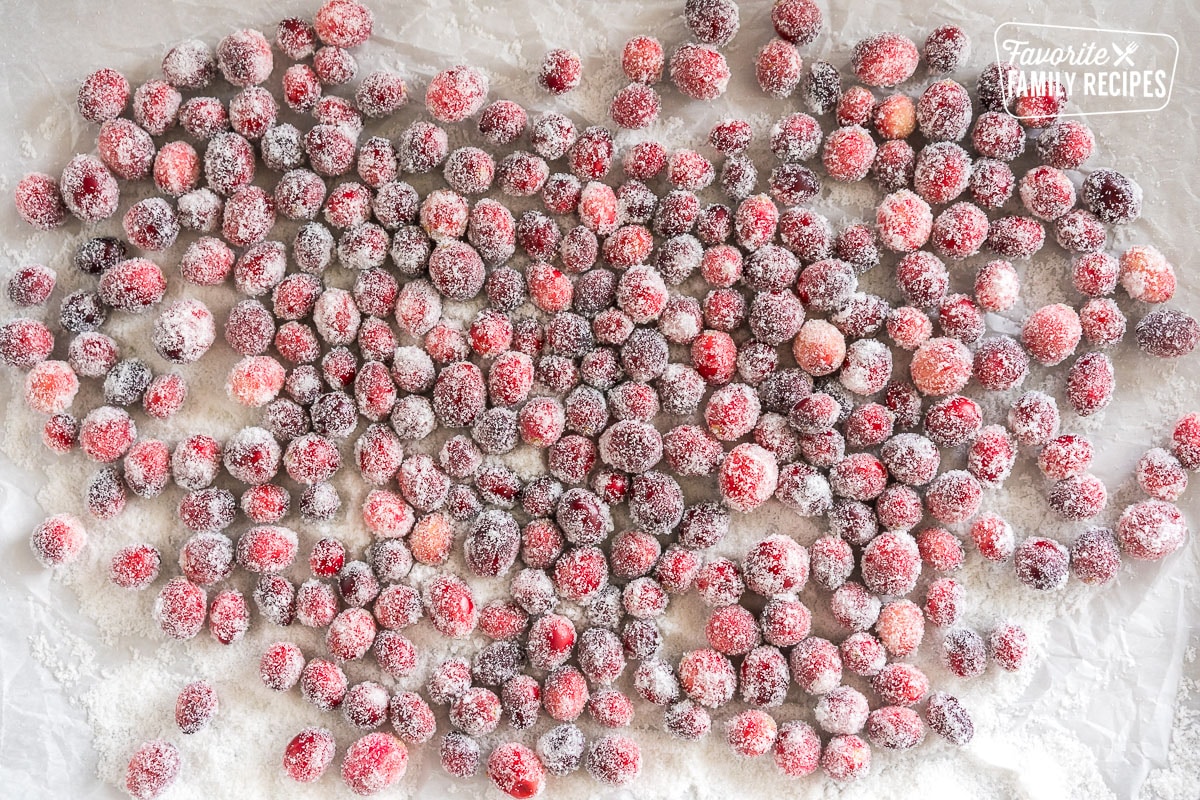 sugared cranberries on a baking sheet