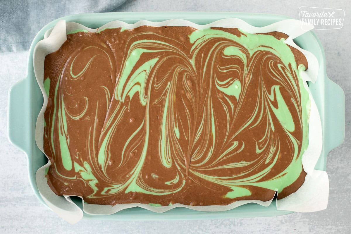 Baking dish with mint and chocolate fudge swirled together.