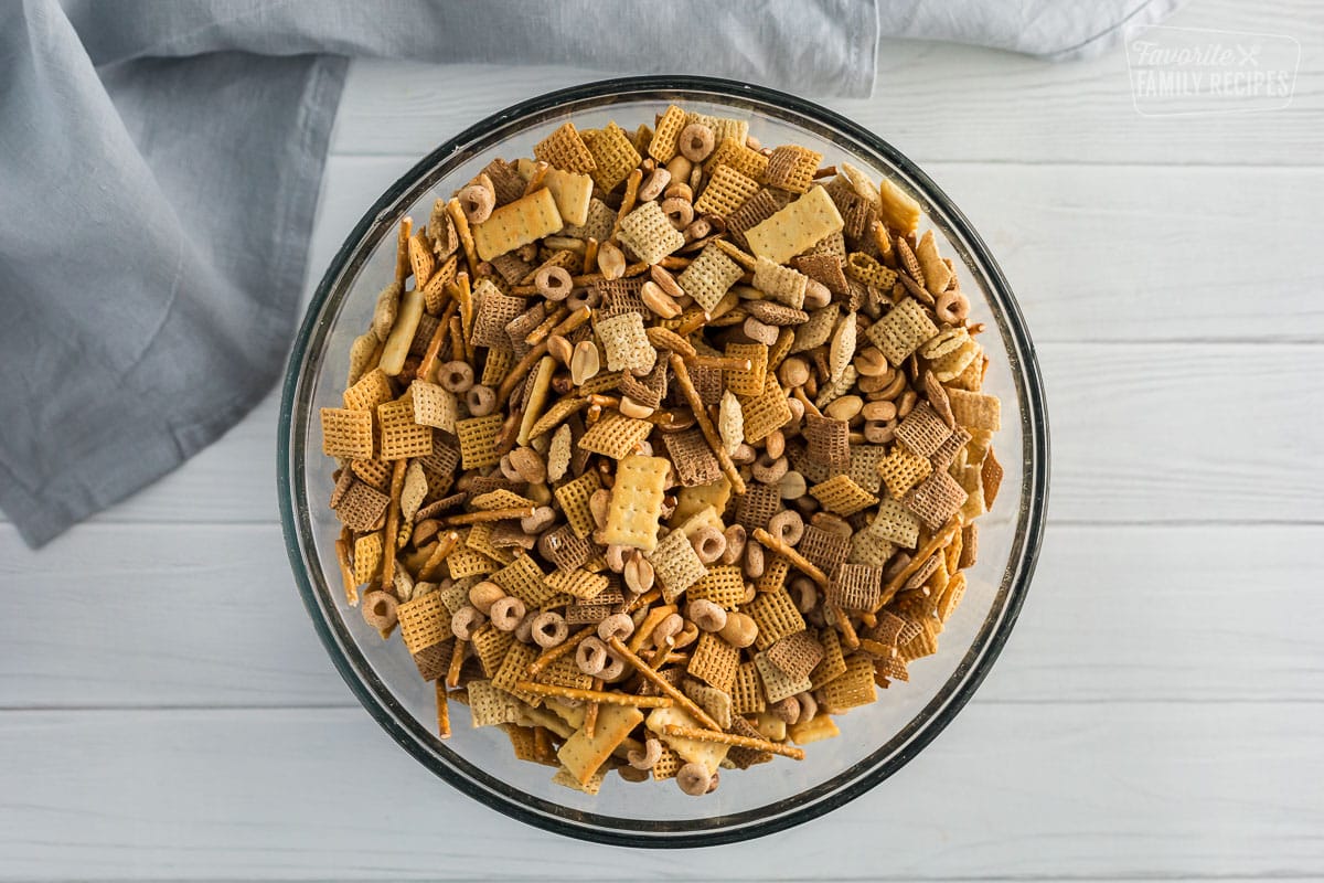 Dry ingredients for chex mix inside a bowl