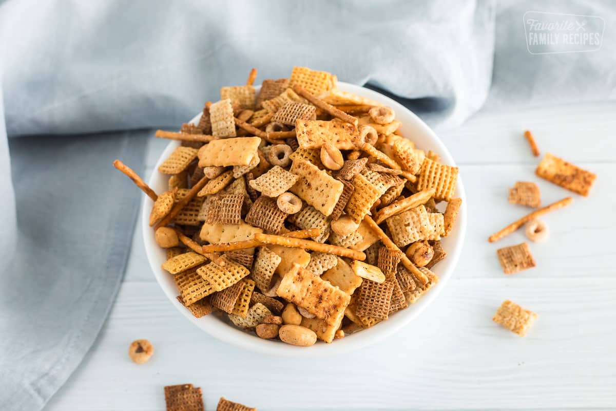 A bowl of chex mix