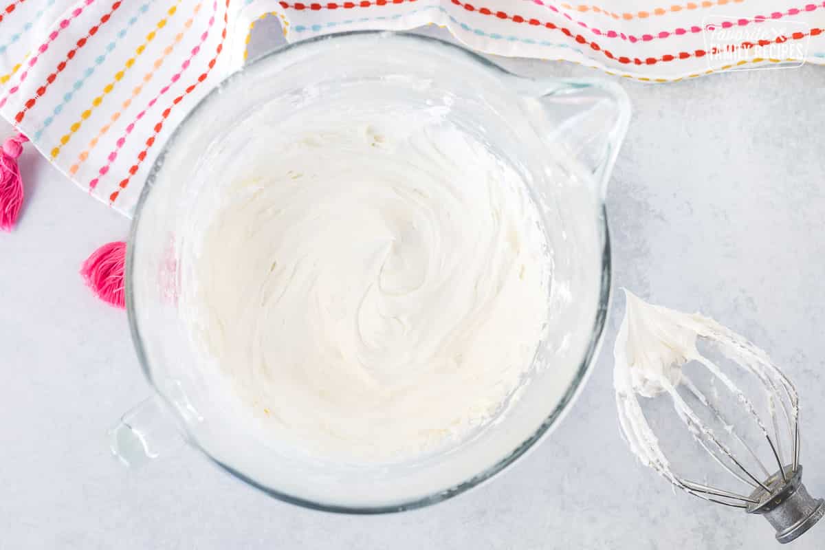 Mixing bowl with whipped Sugar Cookie Frosting.