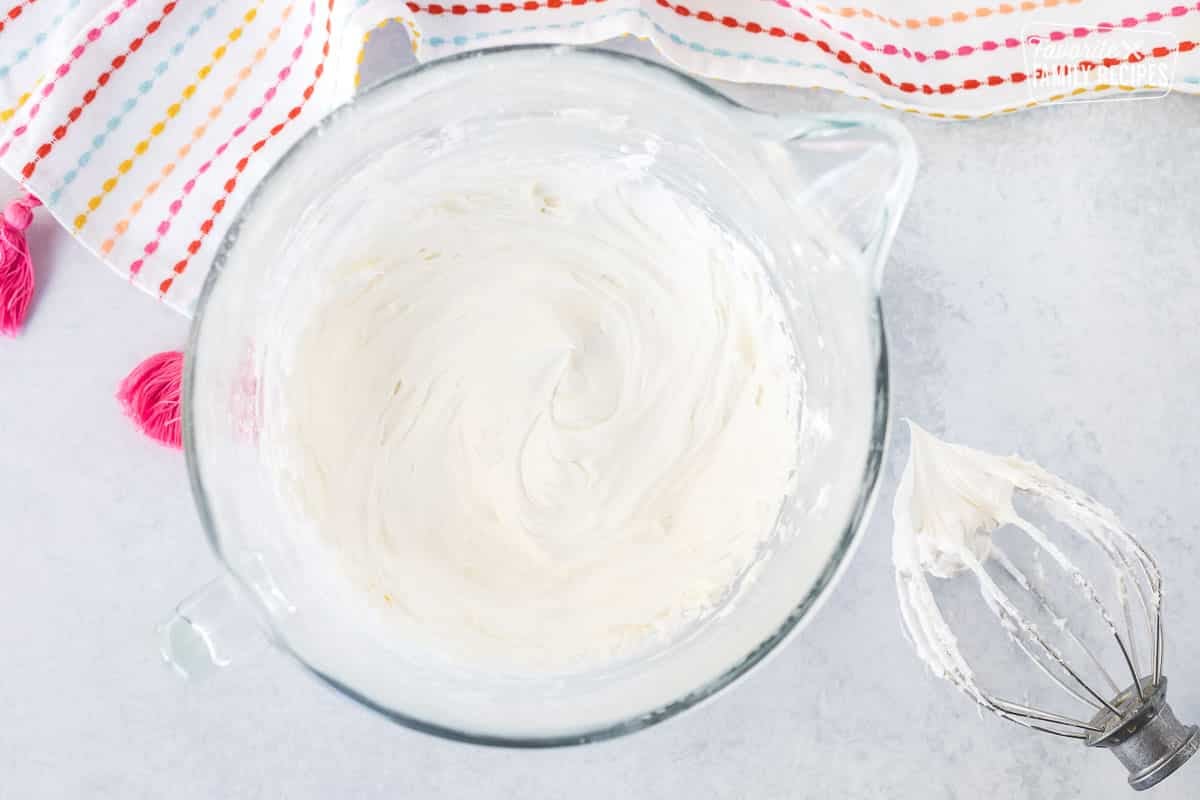 Mixing bowl with whipped Sugar Cookie Frosting.