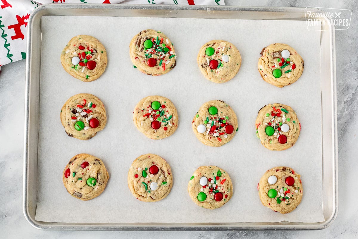 Baked Elf Cookies on a baking sheet lined with parchment paper.