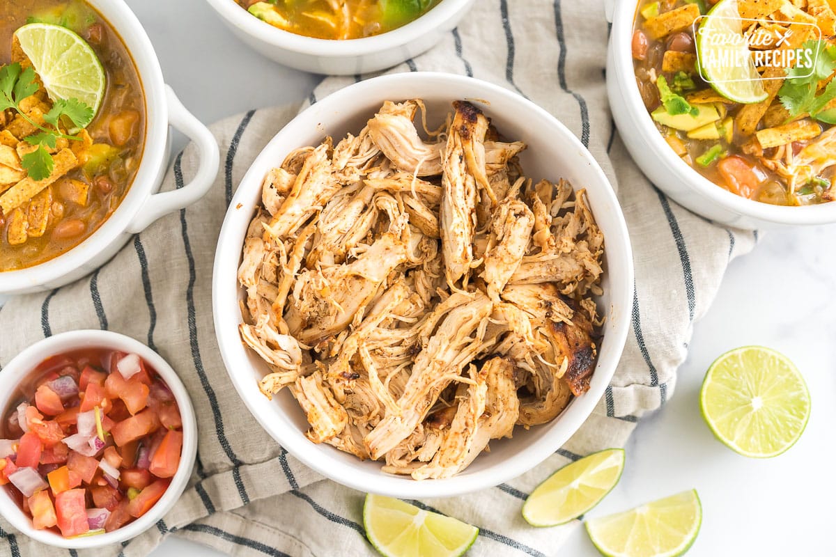 A bowl of shredded grilled chicken