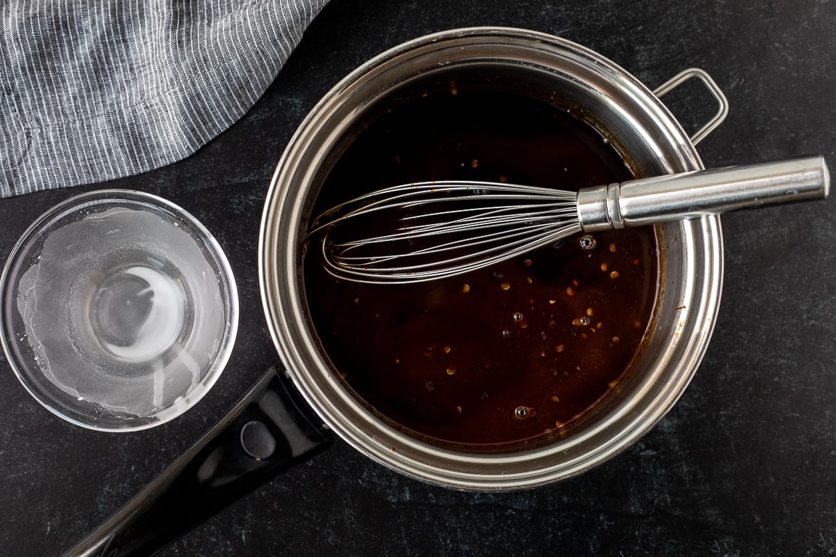 Pan with teriyaki sauce and slurry for Chicken Rice Bowls.