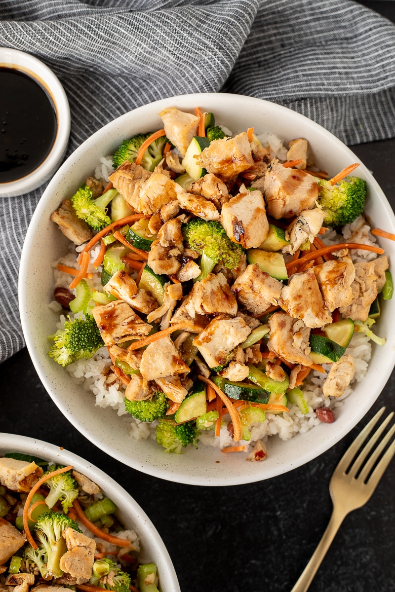 Chicken Rice Bowl with coconut rice, vegetables, chicken and teriyaki sauce.